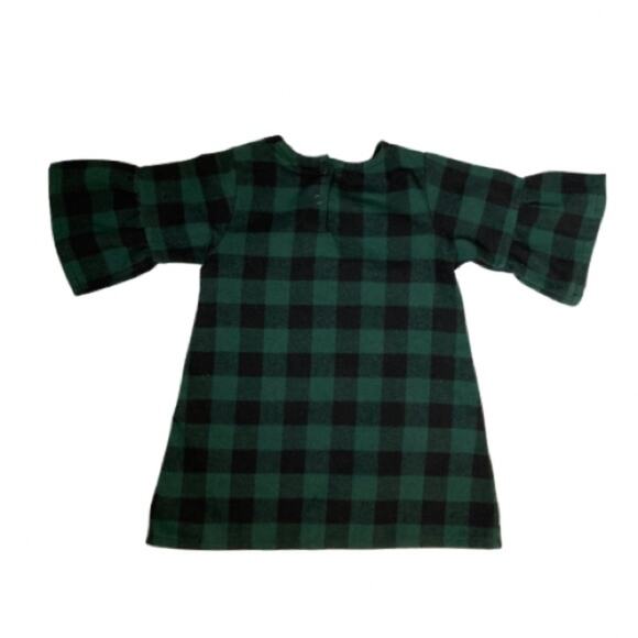 Green and Black Buffalo Plaid Christmas Holiday Poet Long Half Sleeve Dress - Picture 2 of 7